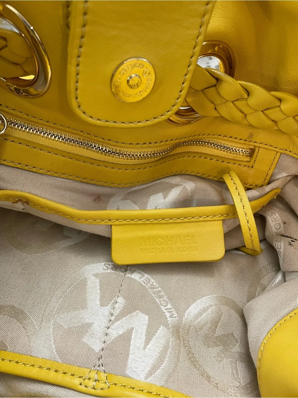 Michael Kors Yellow Leather Braided Grommet Shoulder Tote Bag Tassel Large MK